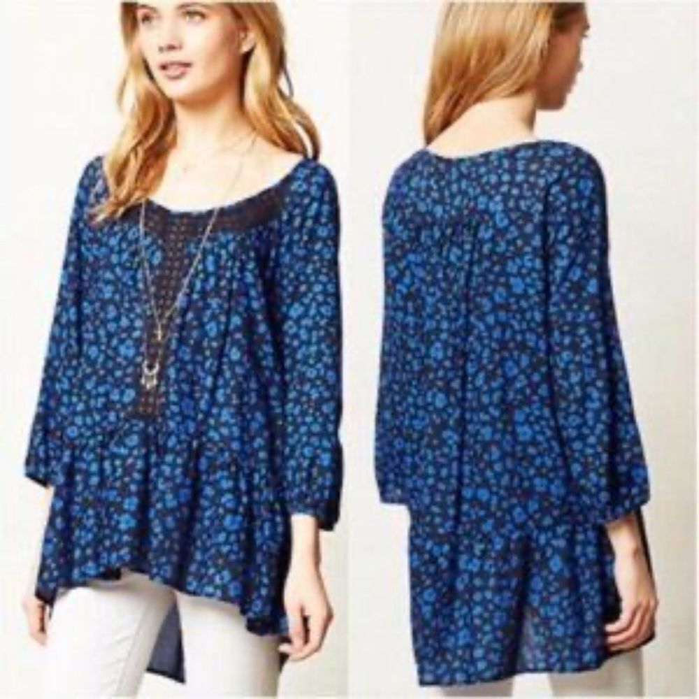 Anthropologie HD In ParisโJessica Blue/Black Print Asymmetrical Tunicโ Sz XS